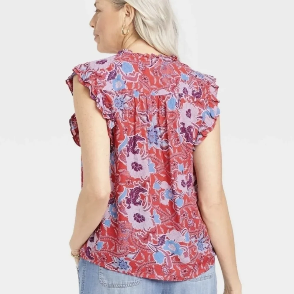 WOMEN'S Flutter Short Sleeve Red Floral Top Blouse Knox Rose - Picture 3 of 8
